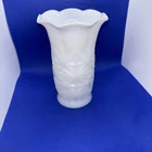 Vintage 1940s Hazel Atlas Starburst Cut Milk Glass Vase Scalloped Edge