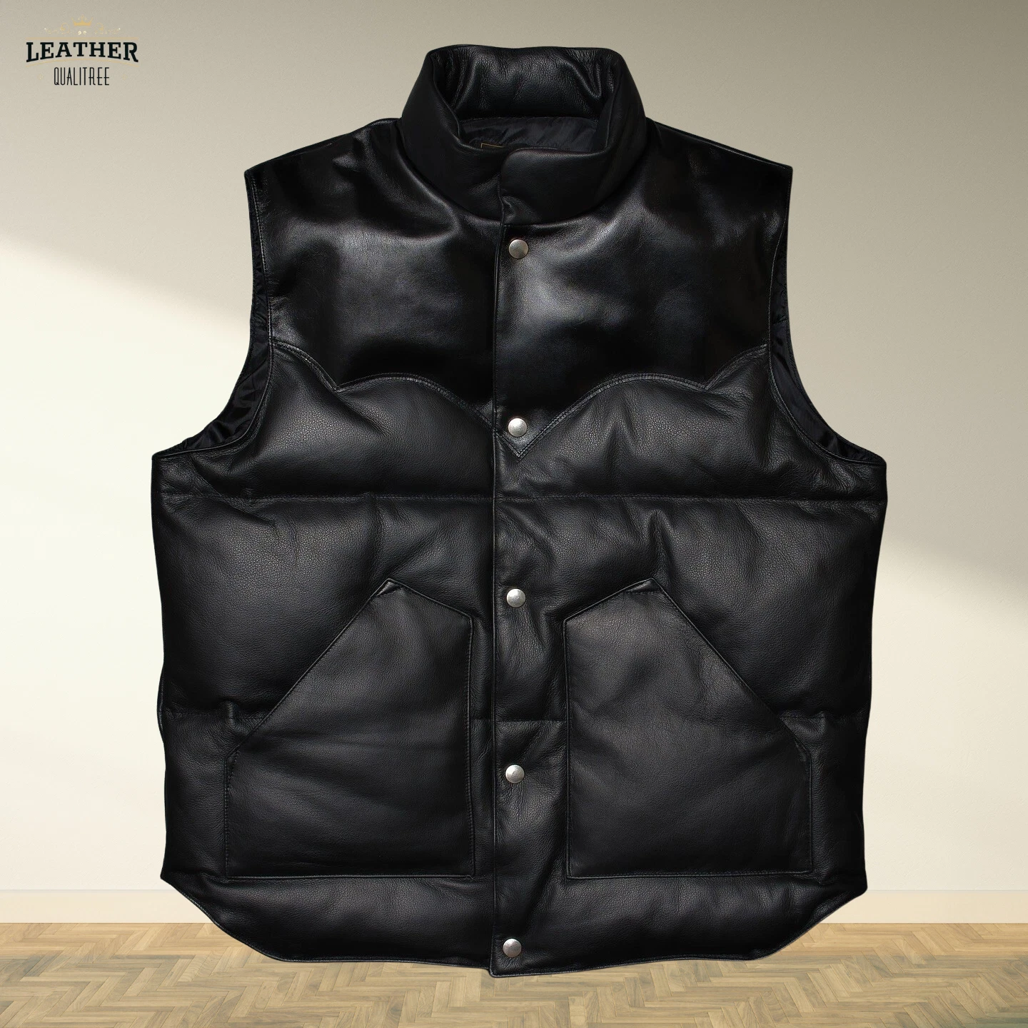Men's Black Leather Puffer Vest Genuine Lambskin Leather Quilted Padded Vest