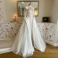 Luxury High Neck Women's Wedding Dress Detachable Train Long Sleeved Bridal Gown