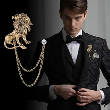 Men's Crystal Lion Brooch Pin British Style Chain Lapel Badge Shirt Gift 