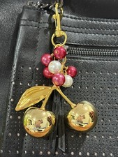 Cherry Bag Purse Charm KeyChain Gold Plated Cherries Glass Pearls Handmade
