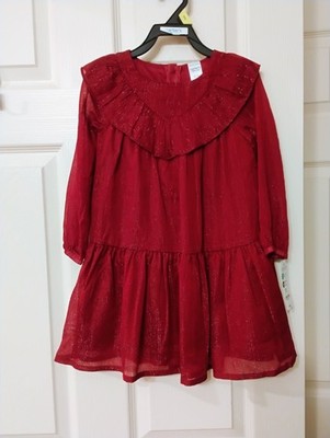 3T Carter s Party Dress Sparkly Dark Red Long Sleeved Fancy Ruffles Toddler Girl