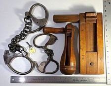 Antique Handcuff & Leg Iron Set w/Key and Two Police Rattles/ Alarms