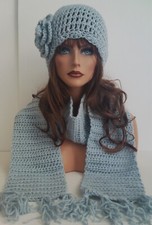 SILVER BLUE HAND CROCHET FLOWER HAT AND SCARF SET BEANIE SKULL SKI CAP TAM