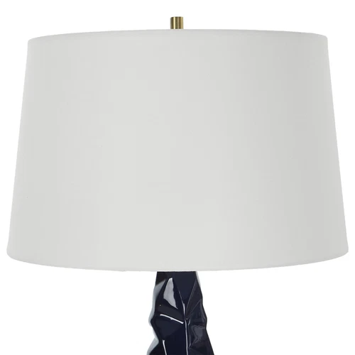 Abstract Faceted Gloss Navy Blue Ceramic Table Lamp 31 in Geometric Crinkle Luxe - Picture 6 of 9