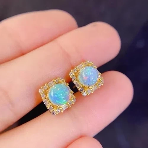 3Ct Round Natural Fire Opal Push Back Halo Stud Earrings 14K Yellow Gold Plated