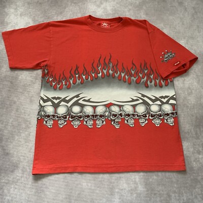 Vintage 90s JNCO Flame Skull Shirt Size XL USA Made Wrap Around