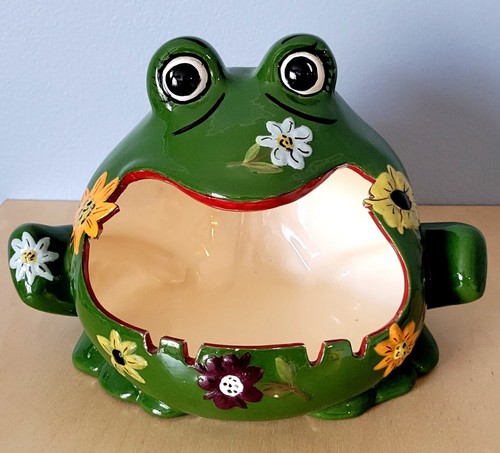 Ceramic Frog Big Mouth Ashtray Dish Vintage Green 6x8" Handpainted Flowers - Picture 15 of 24