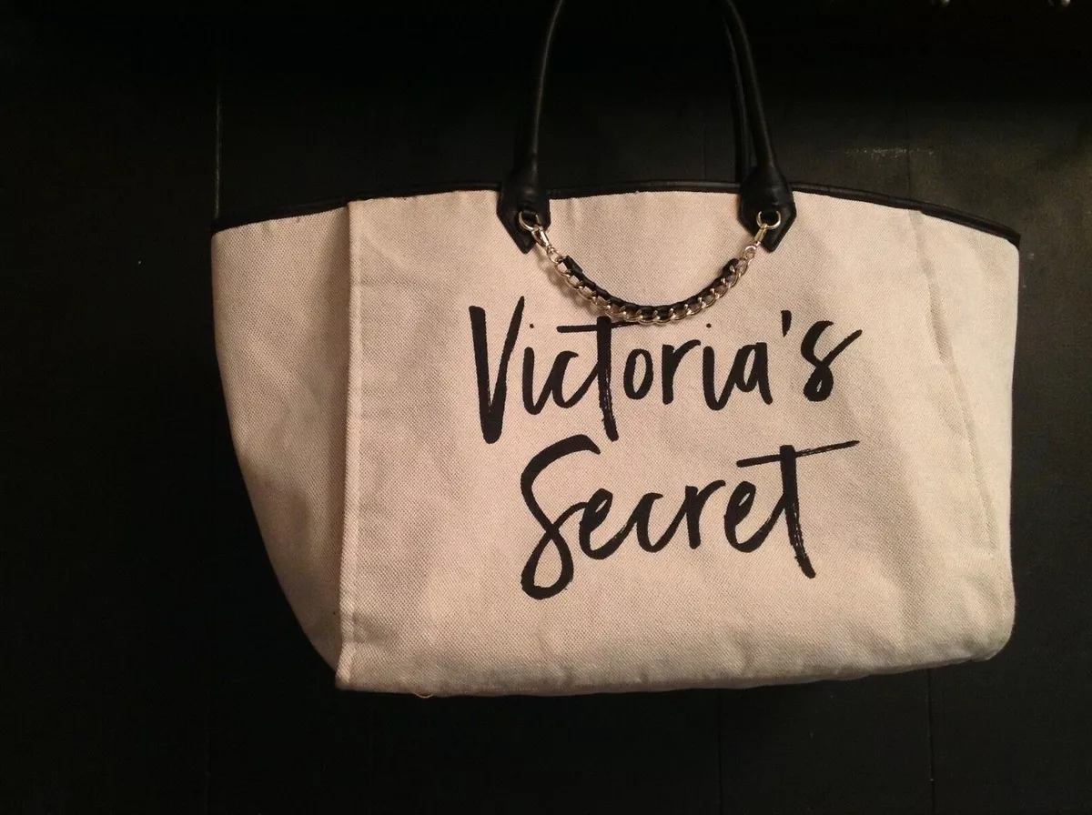 Victoria's Secret Angel City Canvas Chain Tote Bag Black Light Peach New 