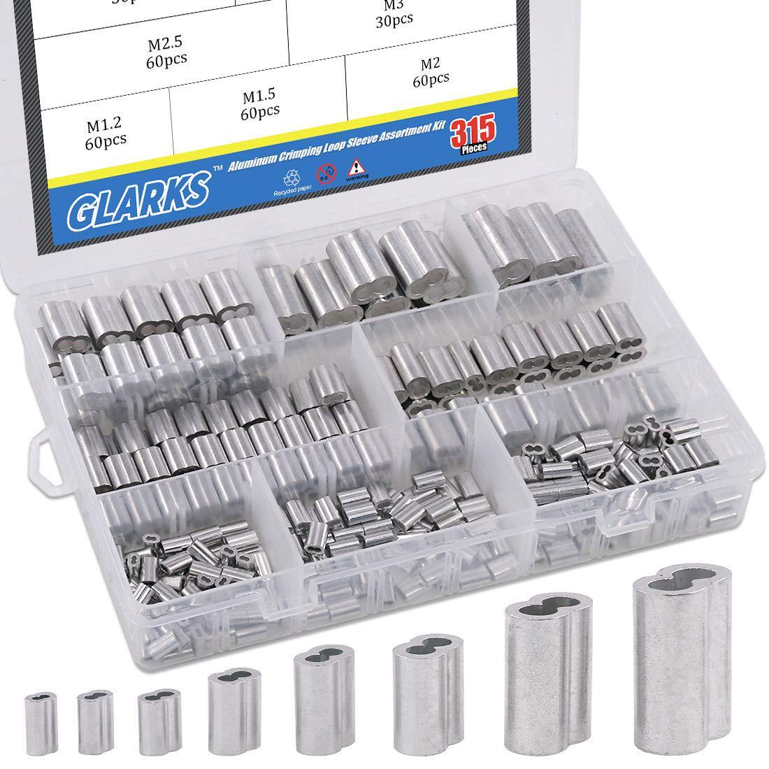 315-Pieces 8 Sizes Aluminum Crimping Loop Sleeve Double Barrel Ferrule for Wire