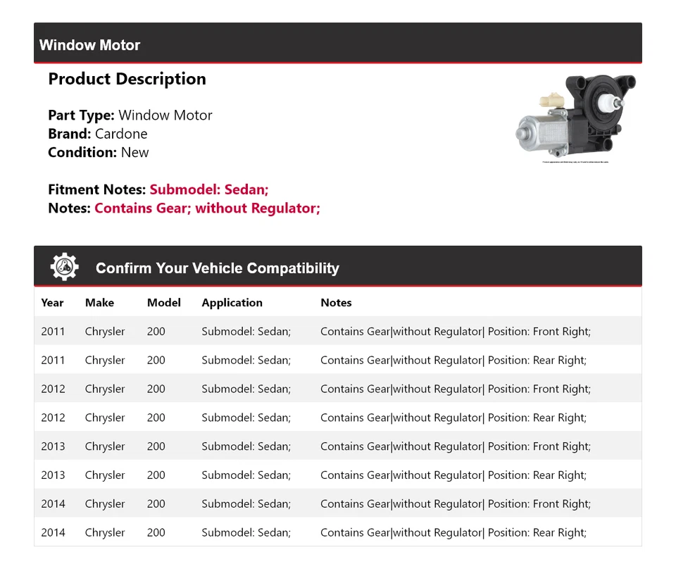 Para Chrysler 200 2011-2014 sedán ventana motor cardone 2012 2013 Foto 2 de 4