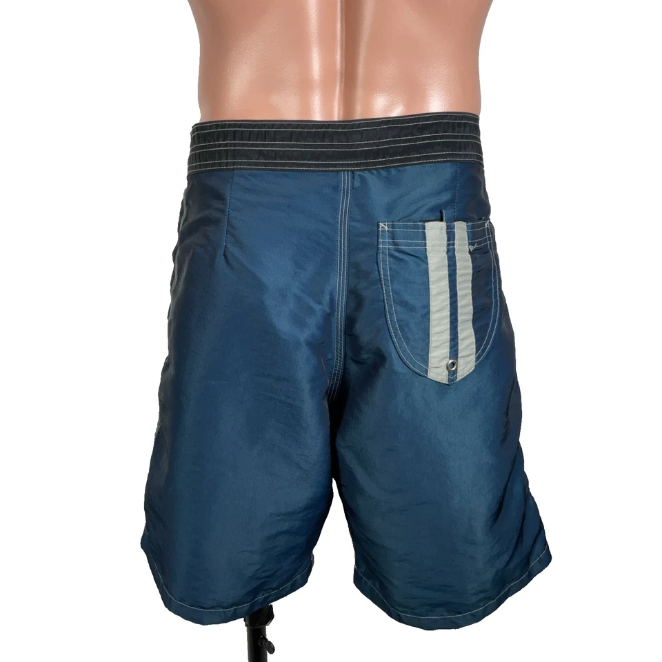 Vintage 80s Rusty 100% Nylon Surf Boardshorts 33 Pocket Metallic Blue 3M Shiny - Image 3 of 4