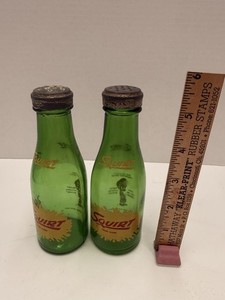 Vintage Lil Squirt Soda Glass Bottle Salt & Pepper Shakers Metal Top Advertising