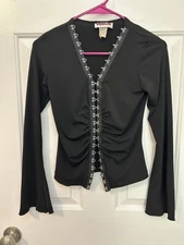 Vintage 90s Venus Top Black With Silver Hook And Eyes Down Front Sz S/M Stretchy