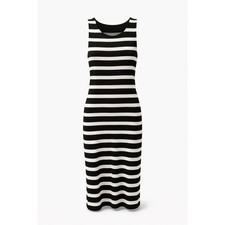 Ann Taylor Stripe Dress Womens 10 Black White Minimalist Chic Stretch Midi