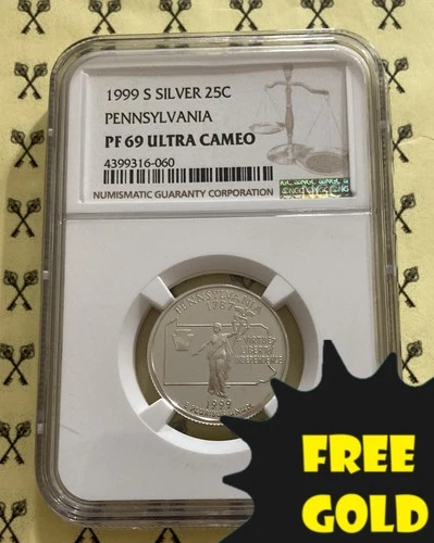 1999-S Pennsylvania SILVER Quarter NGC PF 69 $25 VALUE with FREE 1/2 GOLDBACK*