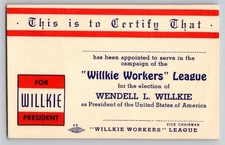1940 Willie Workers League Membership Card Wendell L Wilkie