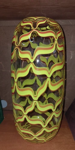 VTG Murano Art Deco Style Glass Vase  Hand Blown Yellow Orange Feathers 13” Tall