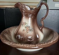 Antique Heatherstone 1888 Floral Brown Basin & Pitcher Made In England