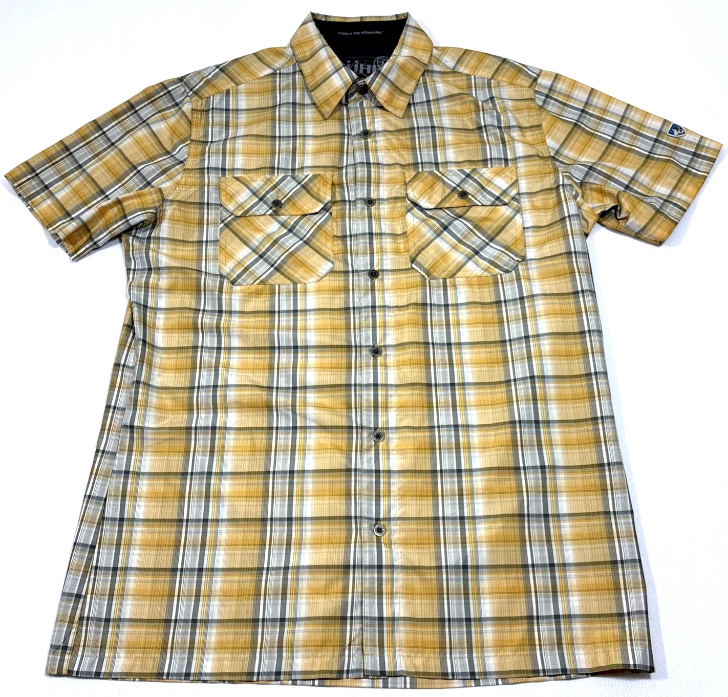 KUHL Ionik Tartan Plaid Button Up Shirt Mens S Yellow Cotton Hiking Short Sleeve