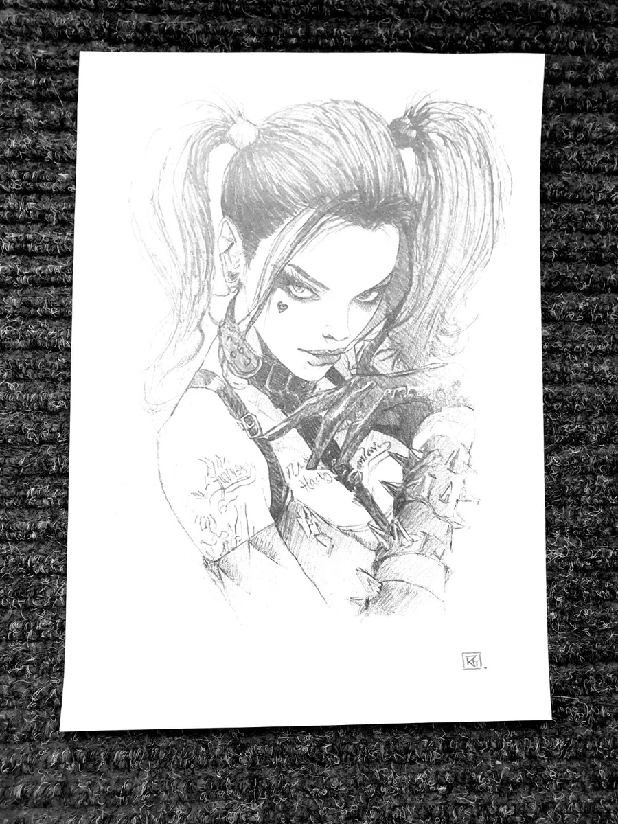 ORIGINAL SEMI-NUDE WOMAN Pencil Drawing - HARLEY QUINN - Wall Art