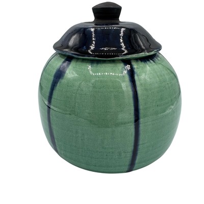 Greathouse Pottery Lidded Jar   Green & Blue Drip Glaze   6  Handmade Studio Art