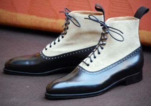 Botas Hechas a Mano para Hombre Gamuza Blanca Pura y Cuero Negro Dos Tonos Formales Informales Zapatos