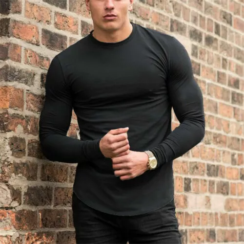 Men's Sport Plain Cotton Solid Long Sleeve Shirts Training Gym Workout  T-Shirt