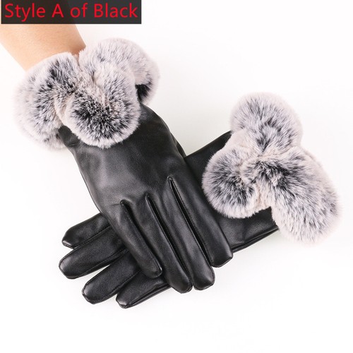 Womens Leather Winter Gloves With Rabbit Fur Trim Lined Warm Ladies