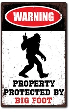 Warning Property Protected By Bigfoot Sasquatch Tin Metal Bar Beer Sign 8 x 12