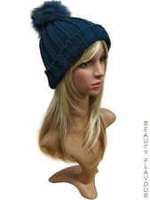 Mütze Damen Bommel Umschlag XXL Fell Strickmütze Pelz Pompon Cap Zopf Winter