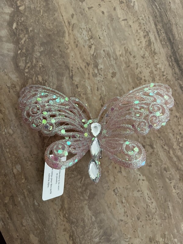 VINTAGE PIER 1 CLIP ON butterfly pink GLITTER ORNAMENT 3” LONG NEW W TAG