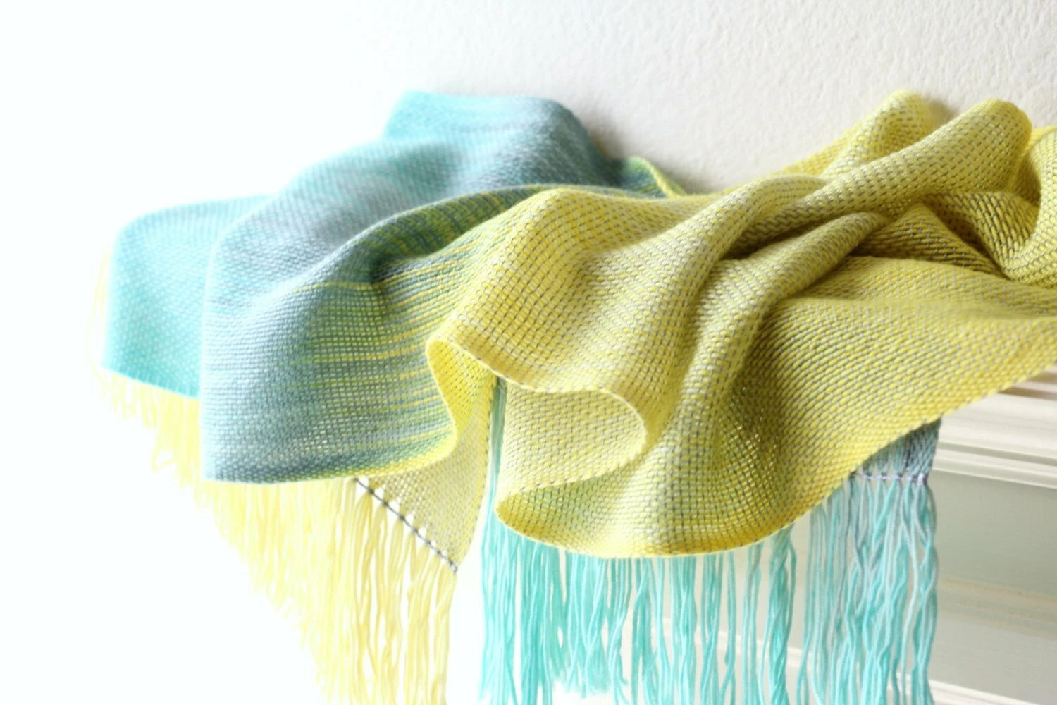 Woven scarf in yellow, green and blue grey colors