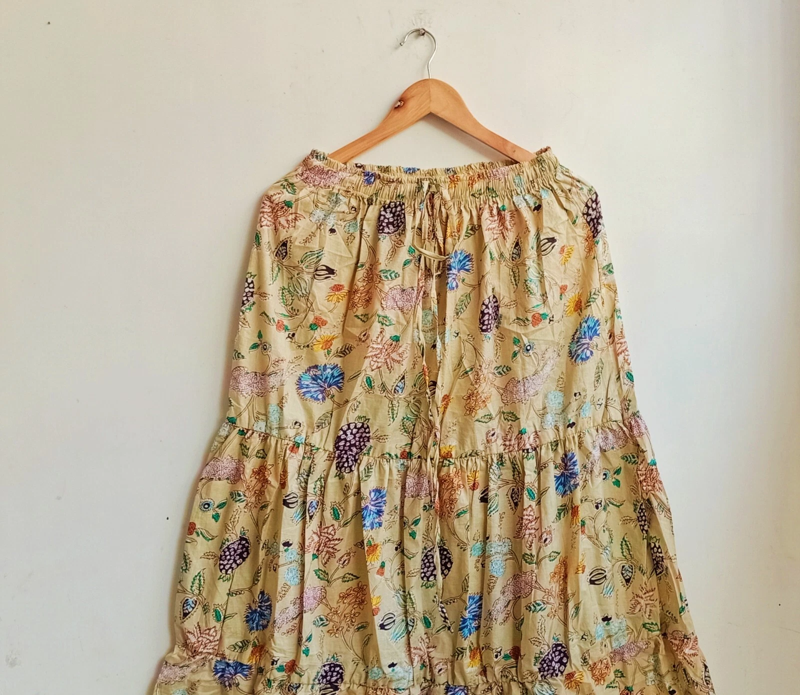 Indian Cotton Beige Floral Frill Skirt Women's Clothing Skirt Partywear Skirt US