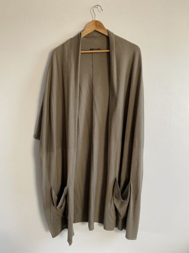 Oska Long Cardigan Women’s Size 3 Comfort Khaki Pockets Silk Viscose Blend Knit