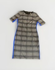 Vince Camuto Dress Size 8 Black White Geometric w/ Blue Stripe Plaid Career