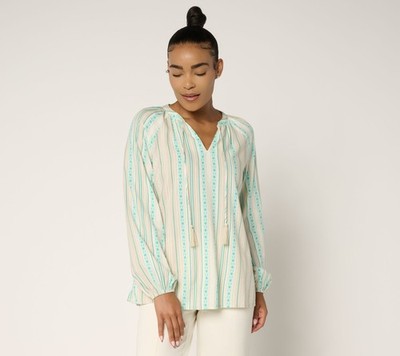 SUNNYLiFE Women's Top Plus Sz 2X Sunkissed Stripe Tassel Blouse White A691752