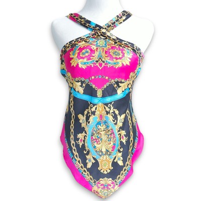 Vintage Cache Silk Chain Halter Baroque M Handkerchief Top Y2K 90s