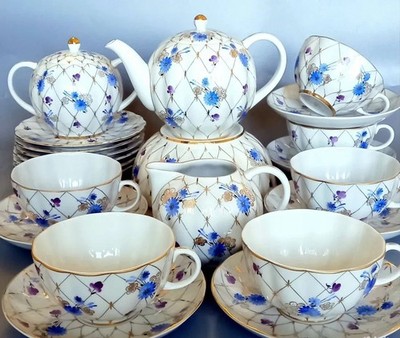 Blue Flowers ~ Vintage Tea Set 6/22 ~ Lomonosov Porcelain, LFZ ~ 1960