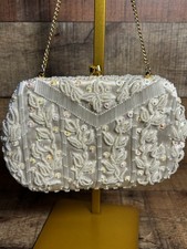 Vintage 60s Hand Made Hong Kong Cream Beaded Sequin Floral Clutch Evening Bag