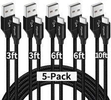 USB A to USB C Cable 5-Pack 3/3/6/6/10 ft Fast Charging Type C Charger Cord