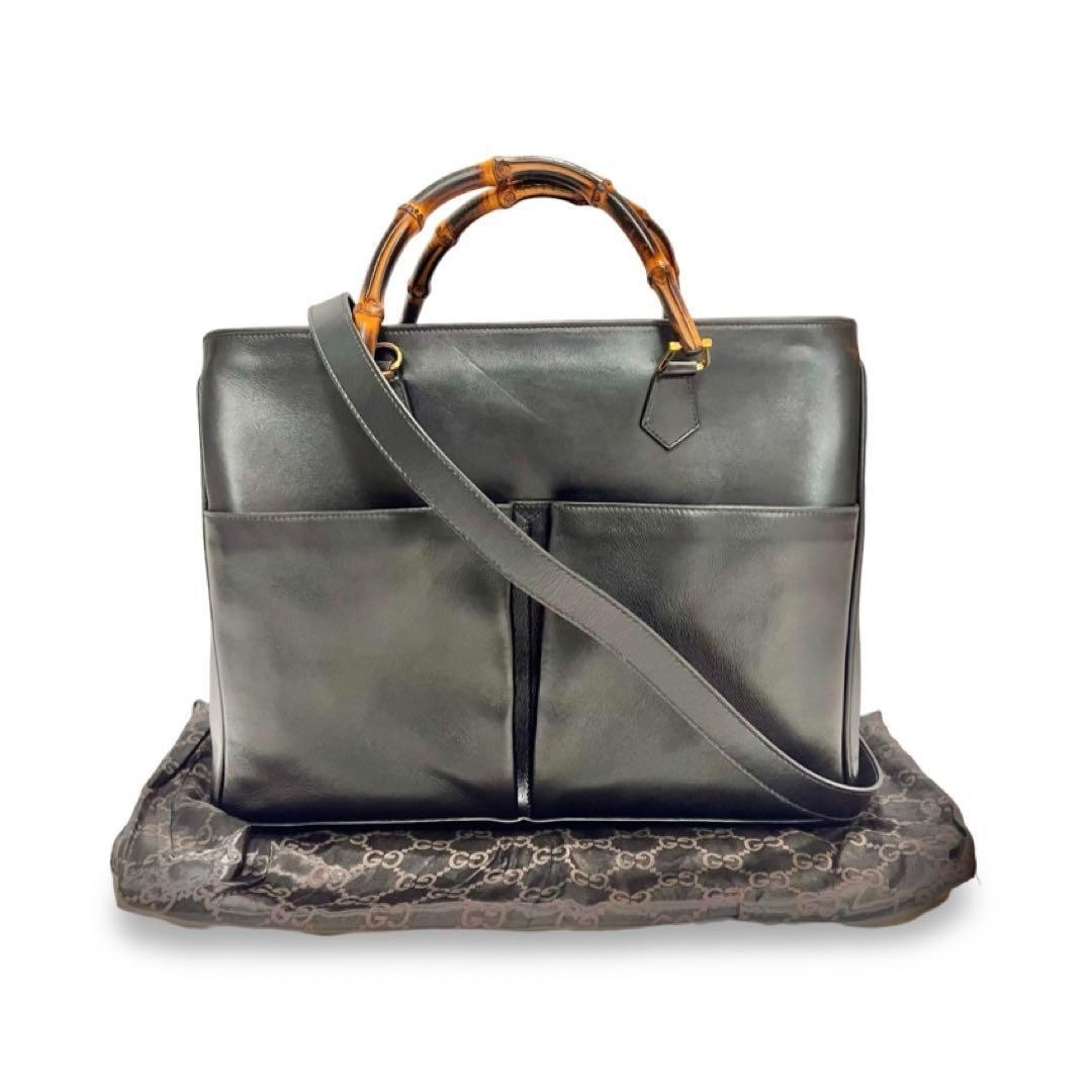 Gucci Bamboo Large Black Leather Tote Bag for Women Pre-Owned Authentic