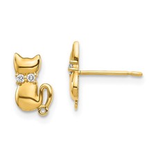 14k Yellow Gold Sitting Cat CZ Bowtie Button Stud Earrings