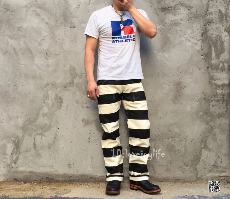BOB DONG 16 盎司帆布囚犯裤子经典摩托车骑手条纹长裤 - 第 15/21 张图片