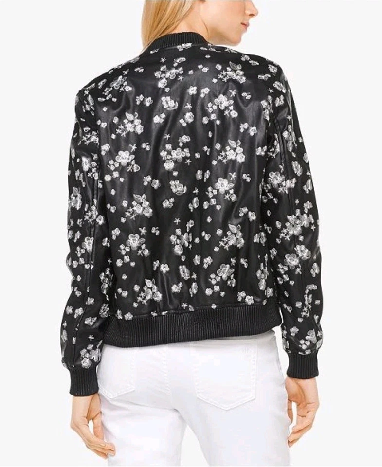 Chaqueta de moto MICHAEL KORS para mujer de cuero sintético negra talla XS estampado floral metálico Foto 2 de 4
