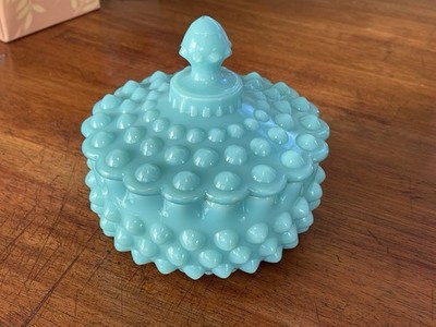 AWESOME Fenton Blue Turquoise Hobnail Milk Glass 1950 s Powder Candy Jar Vintage