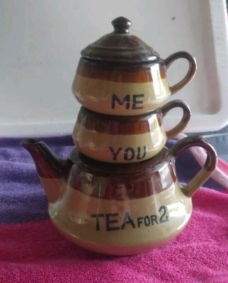 Vintage Tea For Two 3 Piece Stoneware Set Teapot Me & You Tea Cups Brown Glazed