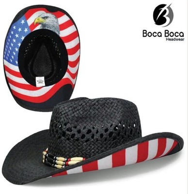 Western Drifter Cowboy Cowgirl Black Hat US American Flag Patriotic Straw Eagle