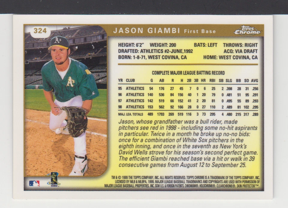 JASON GIAMBI - MLB - 1999 - TOPPS CHROME - CARD No # 324 - Image 2 of 2