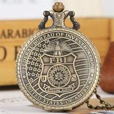 Vintage FBI Logo Design Unisex Quartz Pocket Watch Arabic Number Necklace Chain